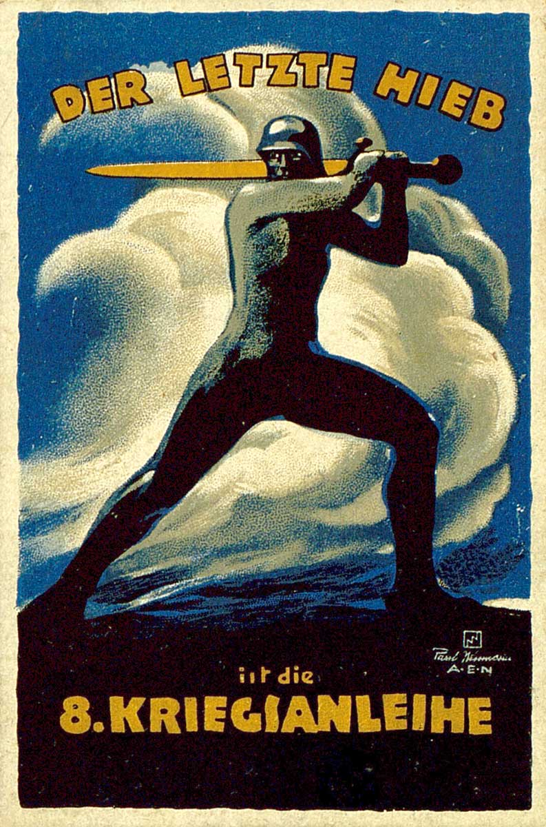 © Badische Landesbibliothek Karlsruhe Postkarte mit der heroischen Darstellung eines eisernen Kriegers mit goldenem Schwert vor einer monumentalen Wolkenkulisse.