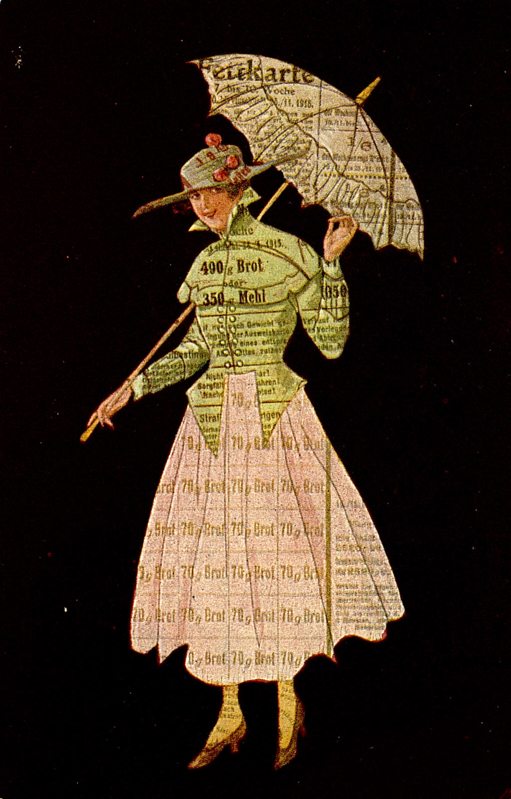 Propaganda Postkarte mit Frau Kleid und Schirm aus Lebensmittelmarken.