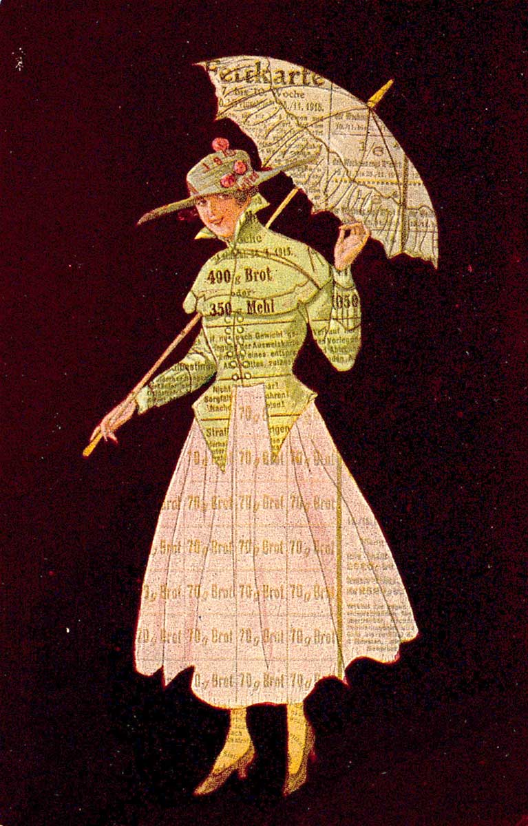 © Badische Landesbibliothek Karlsruhe Propaganda Postkarte mit Frau Kleid und Schirm aus Lebensmittelmarken.