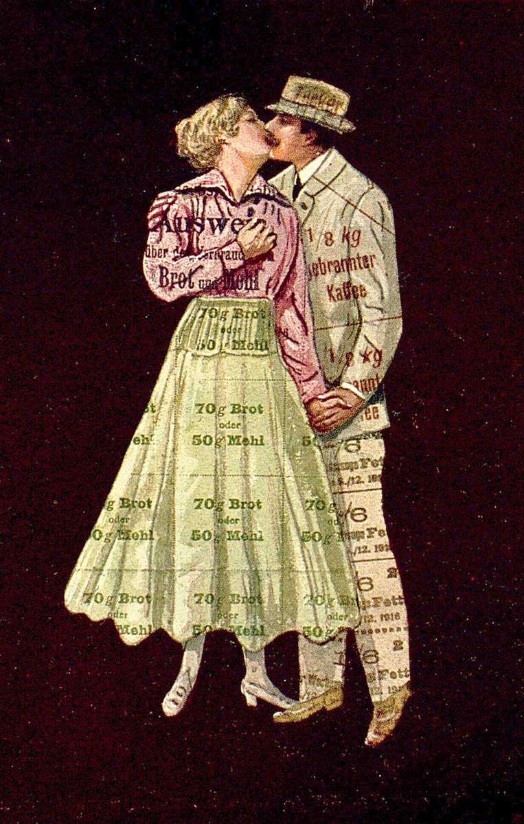 © Badische Landesbibliothek Karlsruhe Propaganda-Postkarte mit Liebespaar in Kleidung aus Lebensmittelmarken.