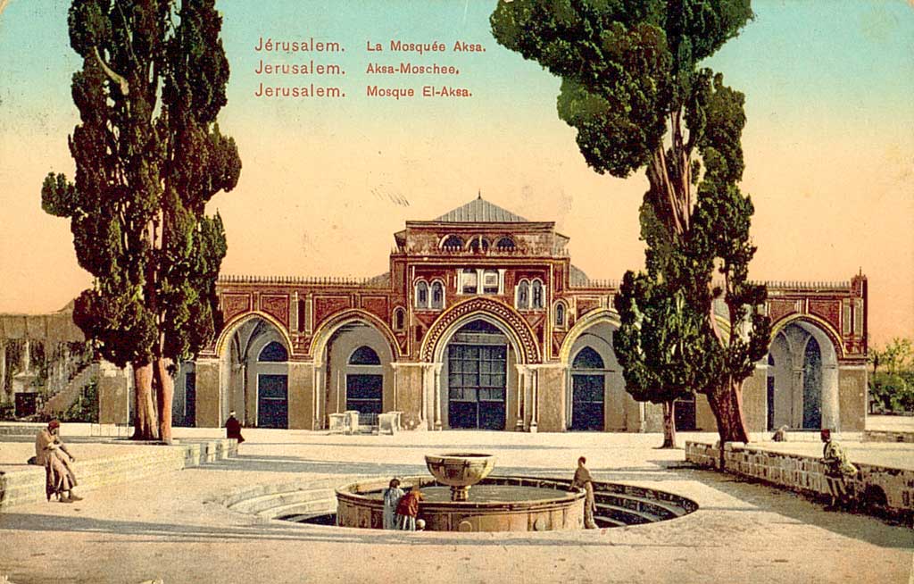 © Badische Landesbibliothek Karlsruhe Das Bild zeigt eine kolorierte Schwarz-Weiß Fotografie der Al-Aqsa-Moschee in Jerusalem von André Terzis & Fis.