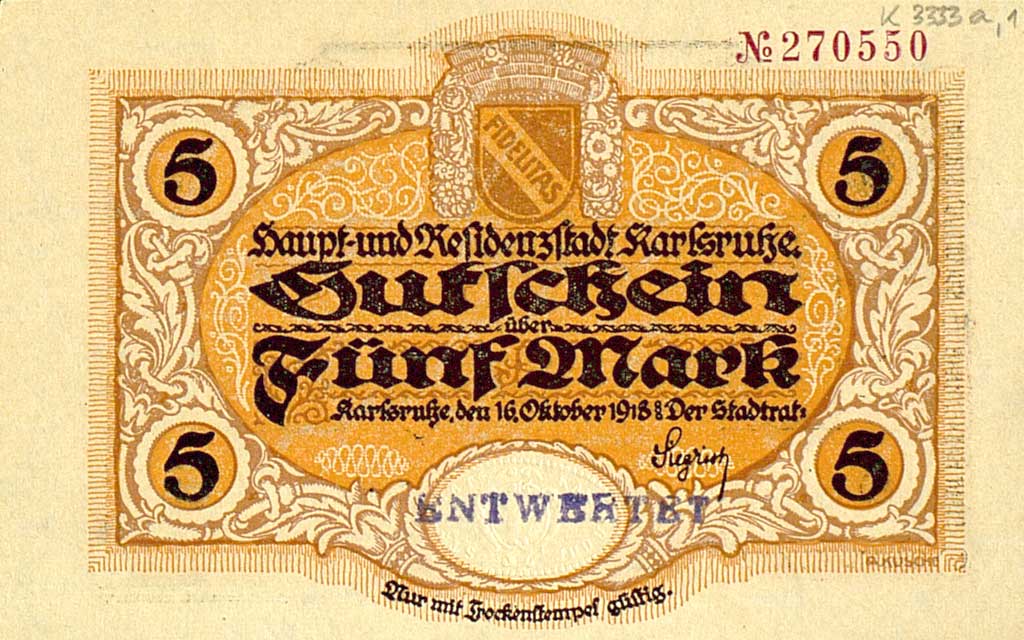 © Badische Landesbibliothek Karlsruhe Gelber Notgeldschein der Haupt- und Residenzstadt Karlsruhe.