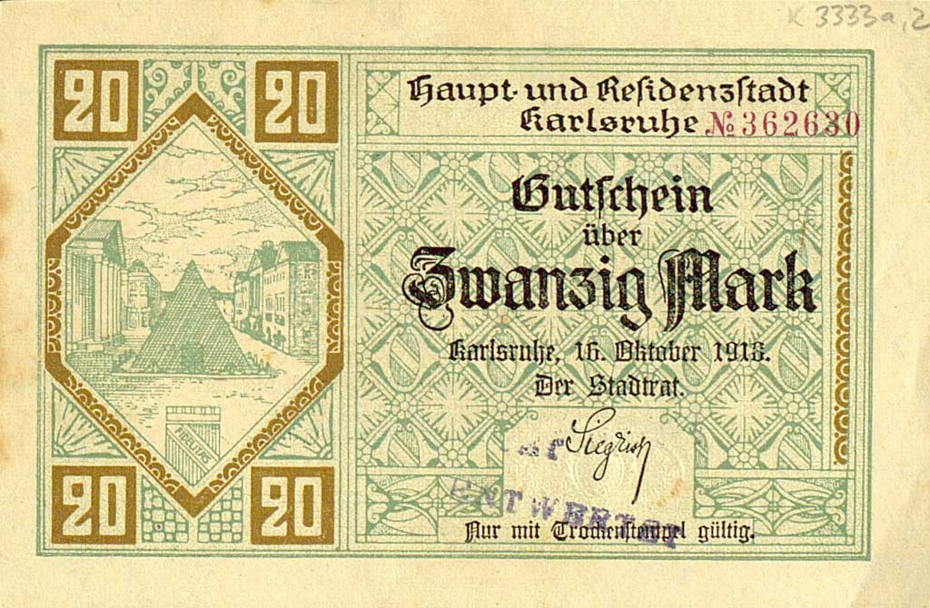 © Badische Landesbibliothek Karlsruhe Grüner Notgeldschein der Haupt- und Residenzstadt Karlsruhe.