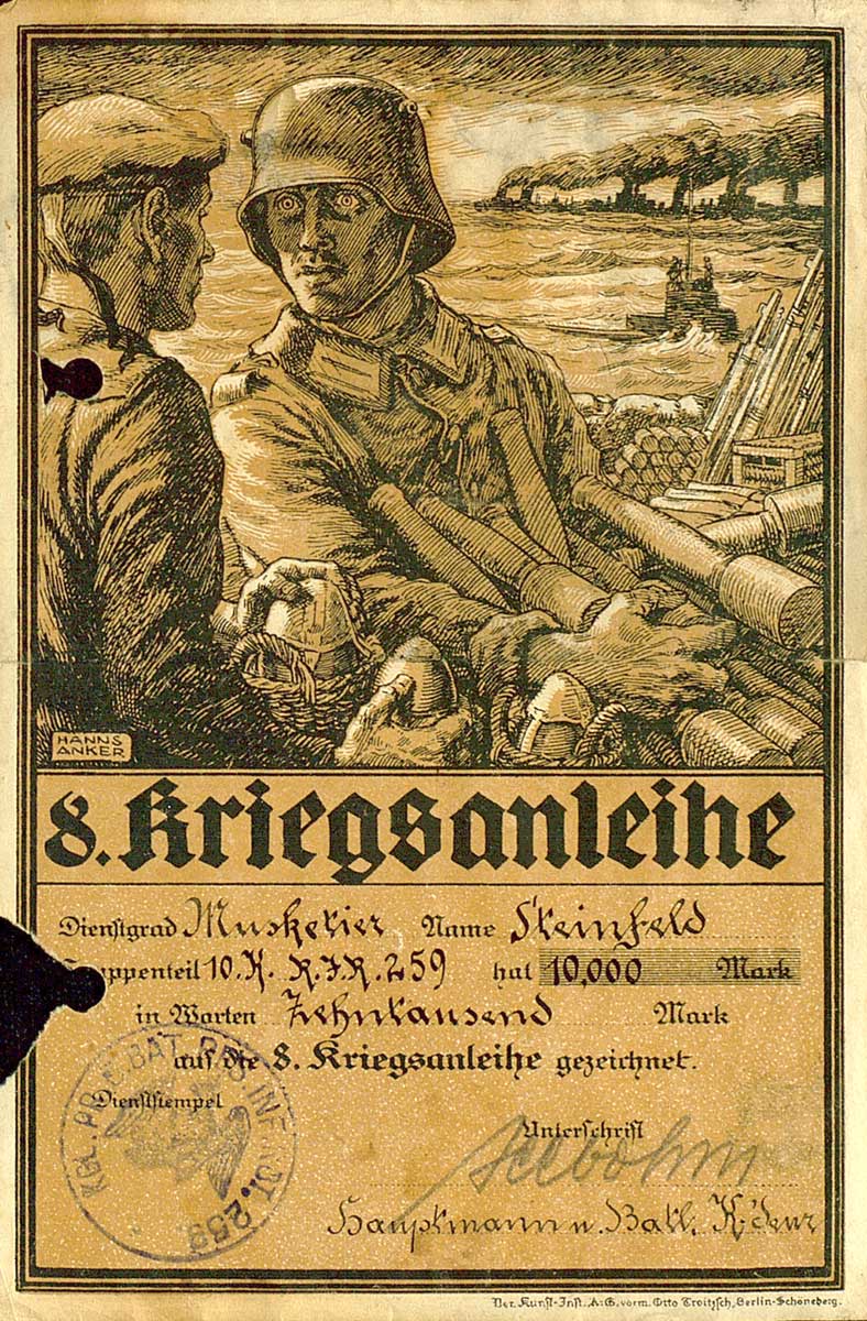 © Badische Landesbibliothek Karlsruhe Zeichnungsschein zur 8. Kriegsanleihe, gezeichnet über 10.000 Mark von Musketier Steinfeld. In der oberen Hälfte abgebildet ist eine Kriegsszene als Radierung.