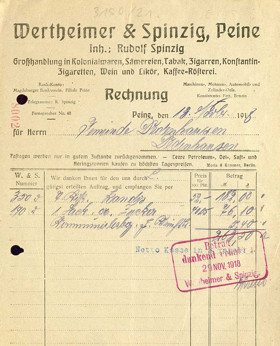 © Badische Landesbibliothek Karlsruhe Zu sehen ist eine Rechnung der Firma Wertheimer & Spinzig an die Gemeinde Dedenheusen. Berechnet wurden eine Kiste Kandis, ein Sack Zucker und die Anfallenden Transportkosten. Die Rechnung stammt aus dem Jahre 1918.
