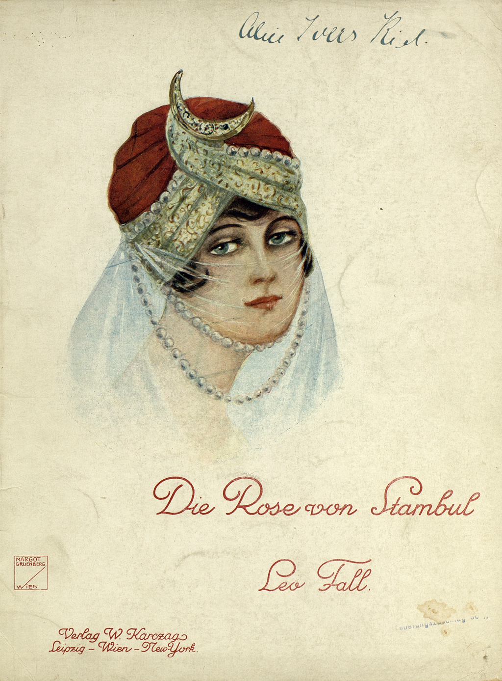 Zu sehen ist das Titelblatt des Klavierauszugs zur Operette "Die Rose von Stambul" mit dem Bildnis eines türkischen Mädchens mit Turban und Gesichtsschleier.