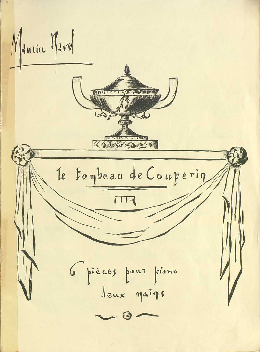 © Badische Landesbibliothek Karlsruhe Gezeigt wird der Umschlag zu Maurice Ravels Komposition "Le tombeau de Couperin". Sarauf ein Punk-Kantharos im Empire-Stil über einem Quervorhang.