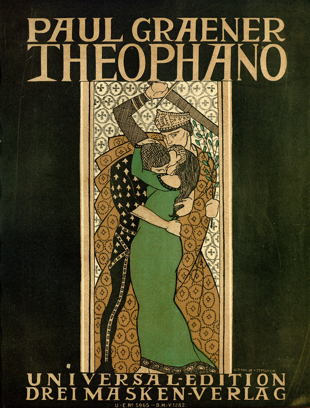 Der Umschlag des Klavierauszugs zu Paul Graeners Oper "Theophano" zeigt ein Jugendstilbild eines eng umschlungenen Paars, hinter dem die Figur des byzantinischen Kaisers drohend das Schwert erhebt.