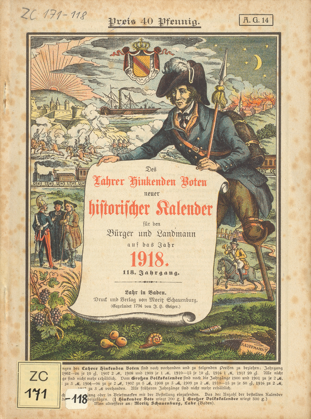 Deckblatt des "Historischen Kalender" mit Kriegsszenen und Invaliden.