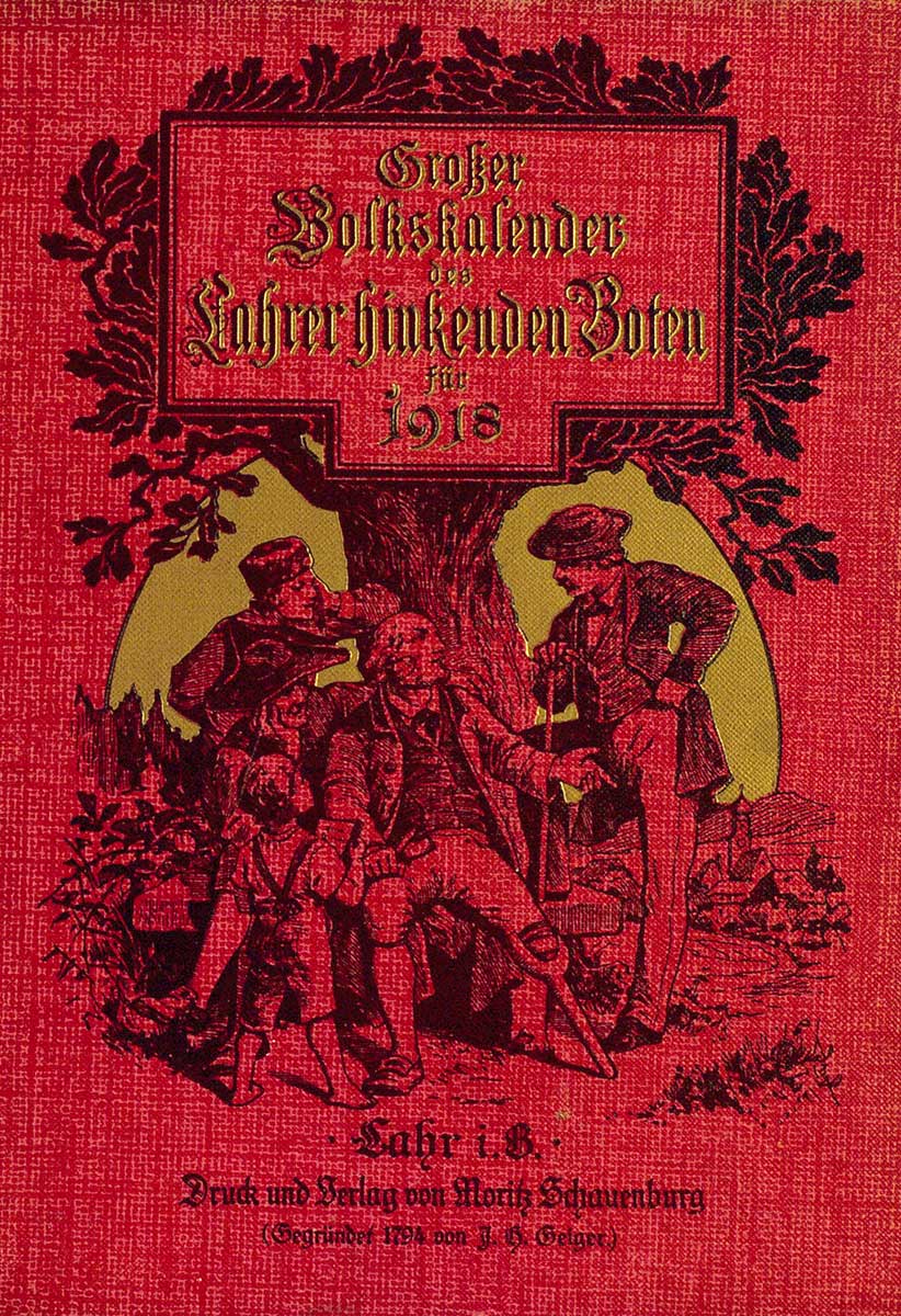 © Badische Landesbibliothek Karlsruhe Dunkelrotes Deckblatt des "Großen Volkskalender" mit Gruppe von Männern und Kind unter einem Baum.