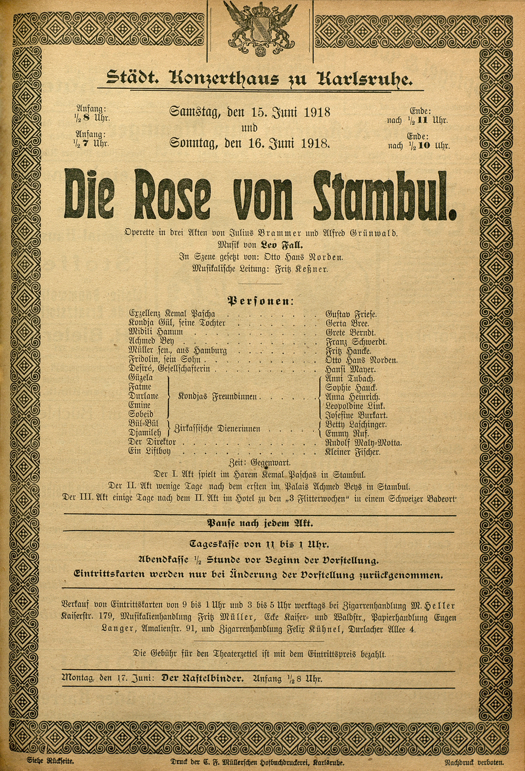 Zu sehen ist der Karlsruher Theaterzettel zur Operette "Die Rose von Stambul" vom 16. Juni 1918.