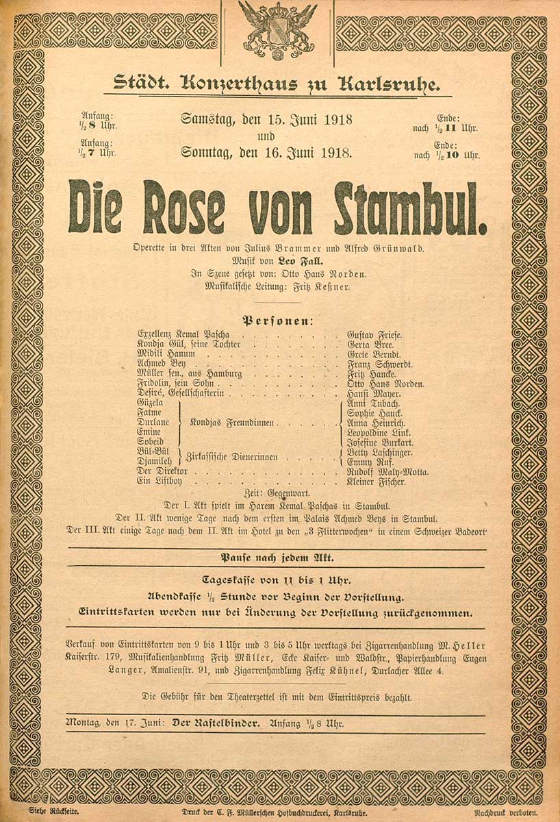 © Badische Landesbibliothek Karlsruhe Zu sehen ist der Karlsruher Theaterzettel zur Operette "Die Rose von Stambul" vom 16. Juni 1918.