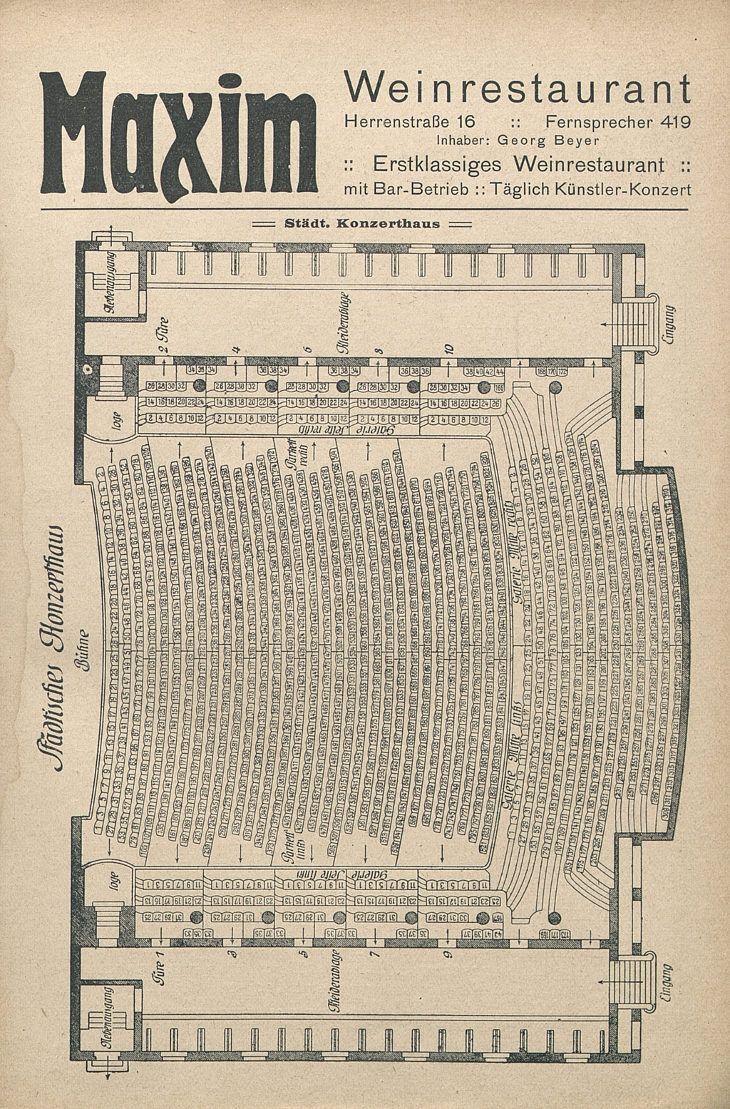 Zu sehen ist der Sitzplan des Städtischen Konzerthauses Karlsruhe 1918.