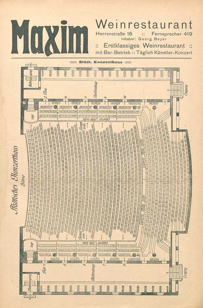 © Badische Landesbibliothek Karlsruhe Zu sehen ist der Sitzplan des Städtischen Konzerthauses Karlsruhe 1918.