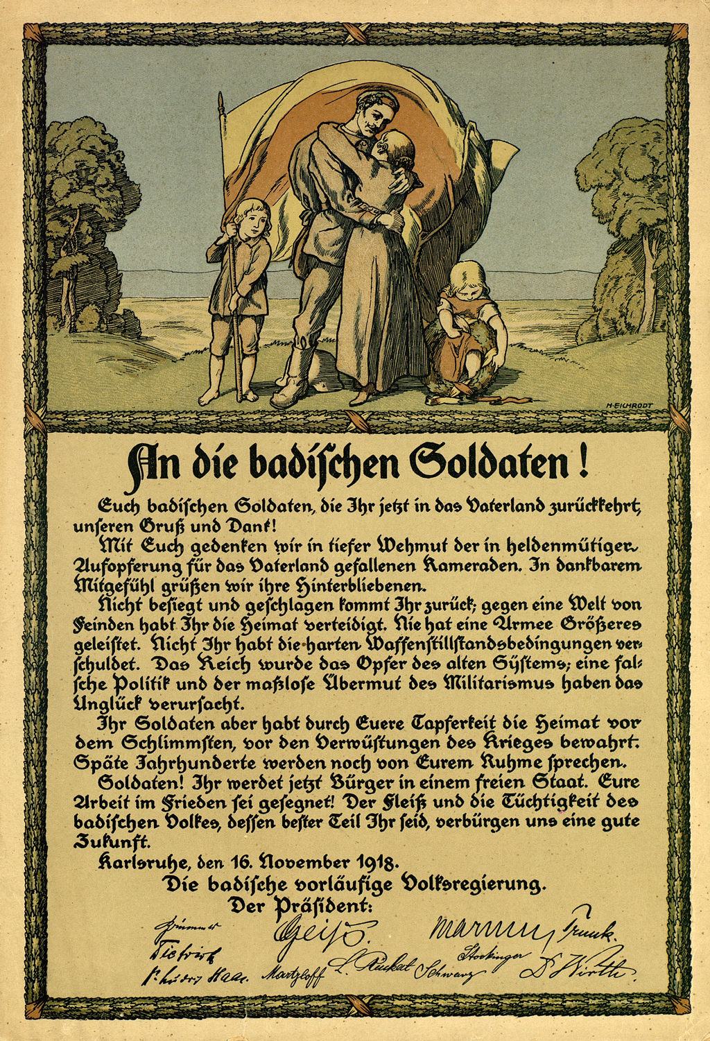 Die Illustration von Hellmut Eichrodt zeigt einen Kriegsheimkehrer, der seine Frau umarmt vor eine badischen Flagge, die vom Sohn, links neben dem Paar zu sehen, gehalten wird. Rechts neben dem Paar spielt die Tochter am Boden mit einem Siegeskranz.