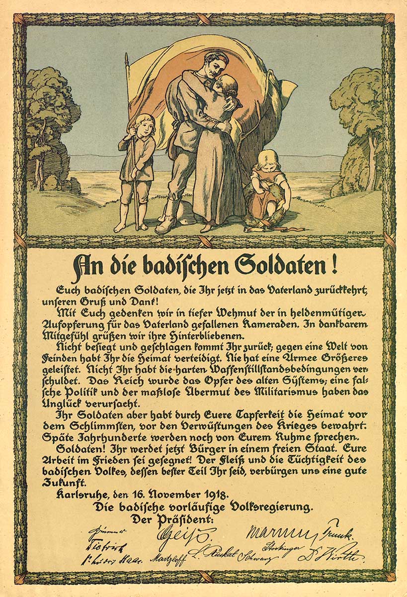 © Badische Landesbibliothek Karlsruhe Die Illustration von Hellmut Eichrodt zeigt einen Kriegsheimkehrer, der seine Frau umarmt vor eine badischen Flagge, die vom Sohn, links neben dem Paar zu sehen, gehalten wird. Rechts neben dem Paar spielt die Tochter am Boden mit einem Siegeskranz.