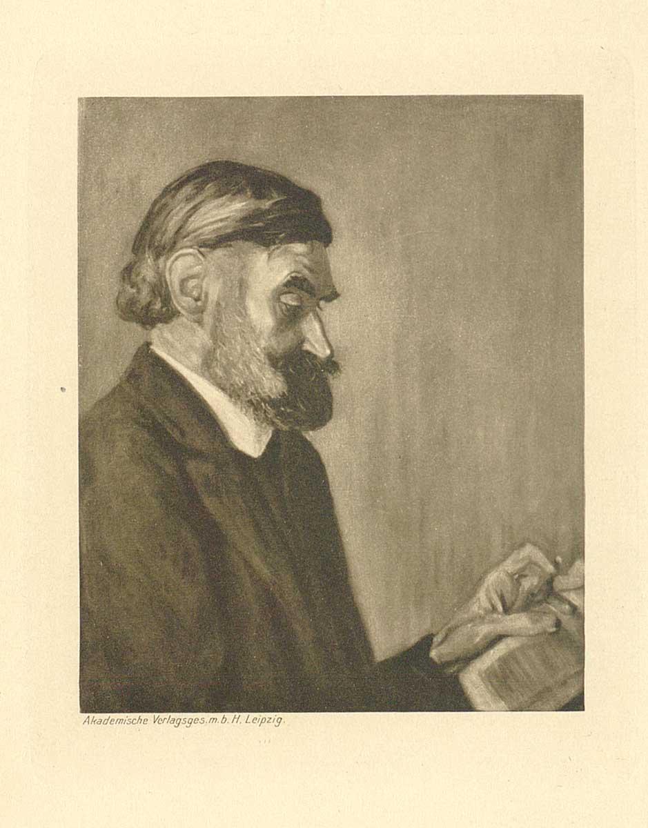 © Badische Landesbibliothek Karlsruhe Zu sehen ist eine Ansichtskarte mit einem Gemälde von Ernst Abbe. Dieser ließt gerade in einem Buch und ist in sitzender Haltung im Profil dargestellt.