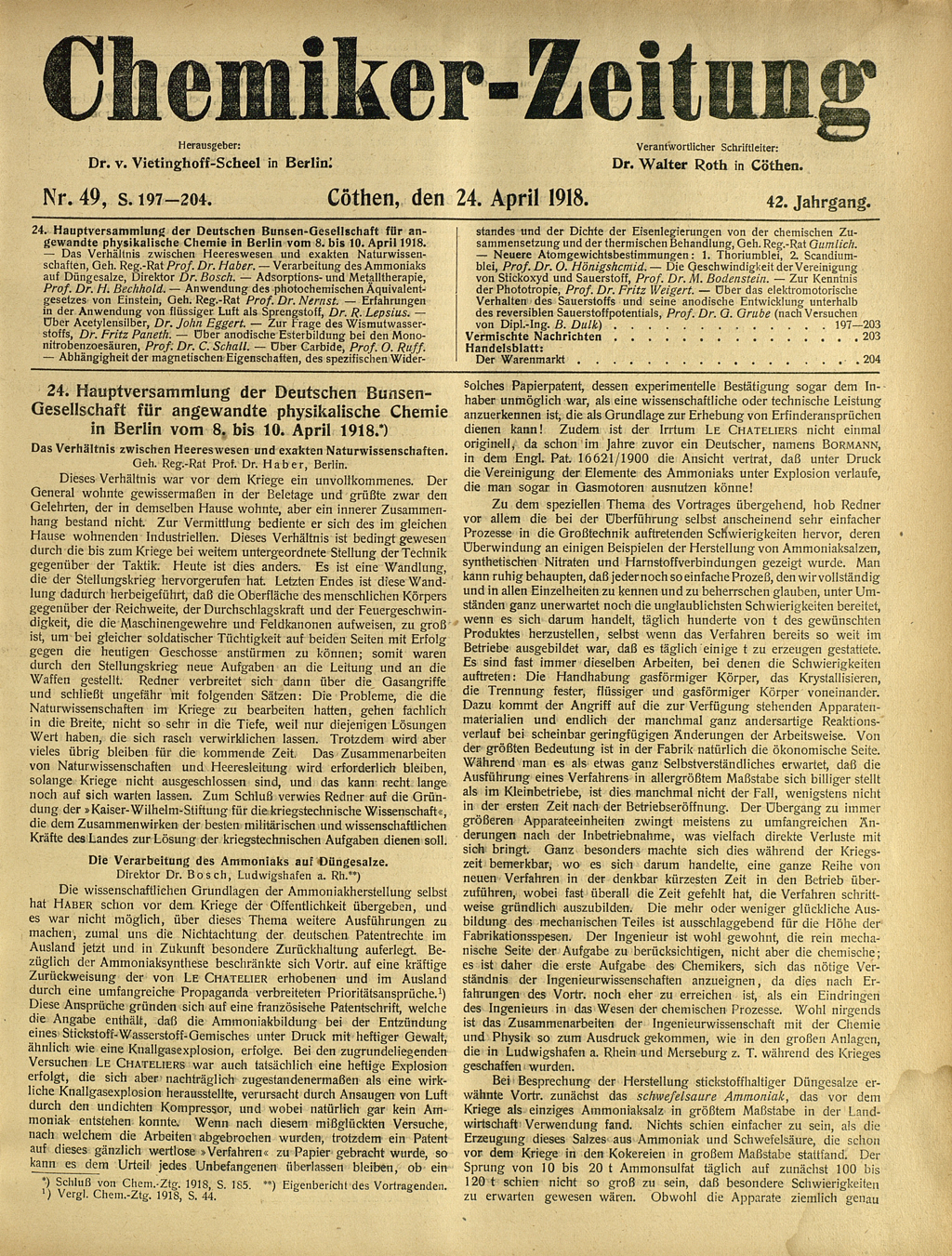 Die Abbildung zeigt die Titelseite der Chemiker-Zeitung vom 24. April 1918. 