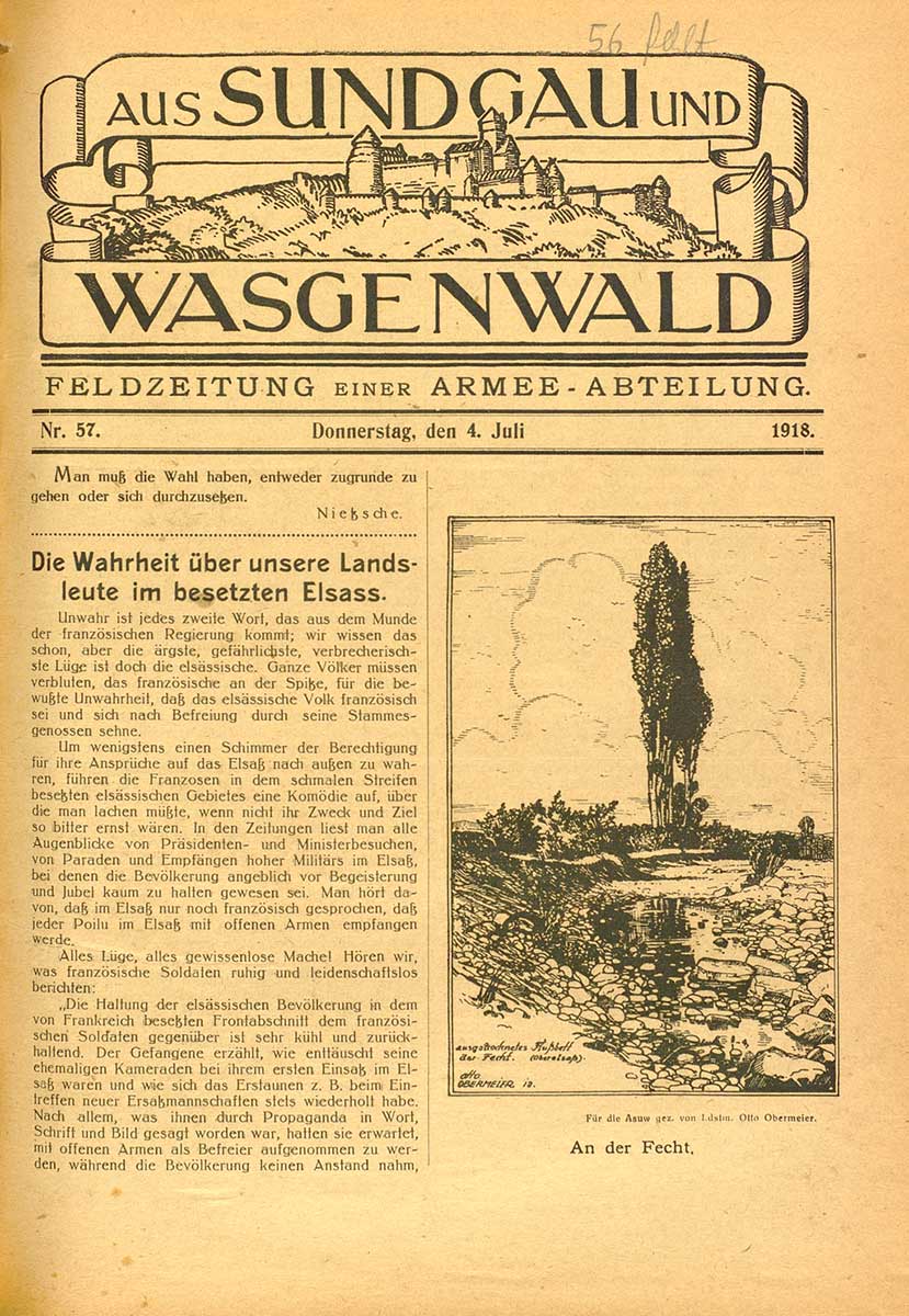 © Badische Landesbibliothek Karlsruhe Zu sehen ist das Titelblatt der Feldzeitung "Aus Sundgau und Wasgenwald. Feldzeitung der Armeeabteilung B.". Dort ist ein Artikel mit folgender Überschrift abgedruckt worden "Die Wahrheit über unsere Landsleute im Elsass". Ebenfalls zu sehen die Abbildung eines Schützengrabens.