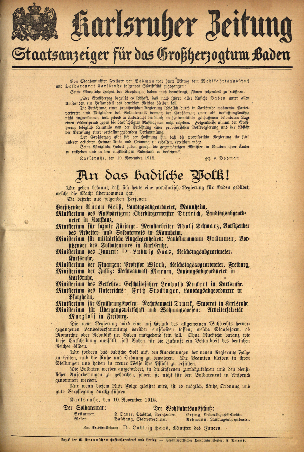Zu sehen ist die erste Seite der Karlsruher Zeitung vom 14. November 1918 mit der Proklamation des Thronverzichts durch den Großherzog von Baden.