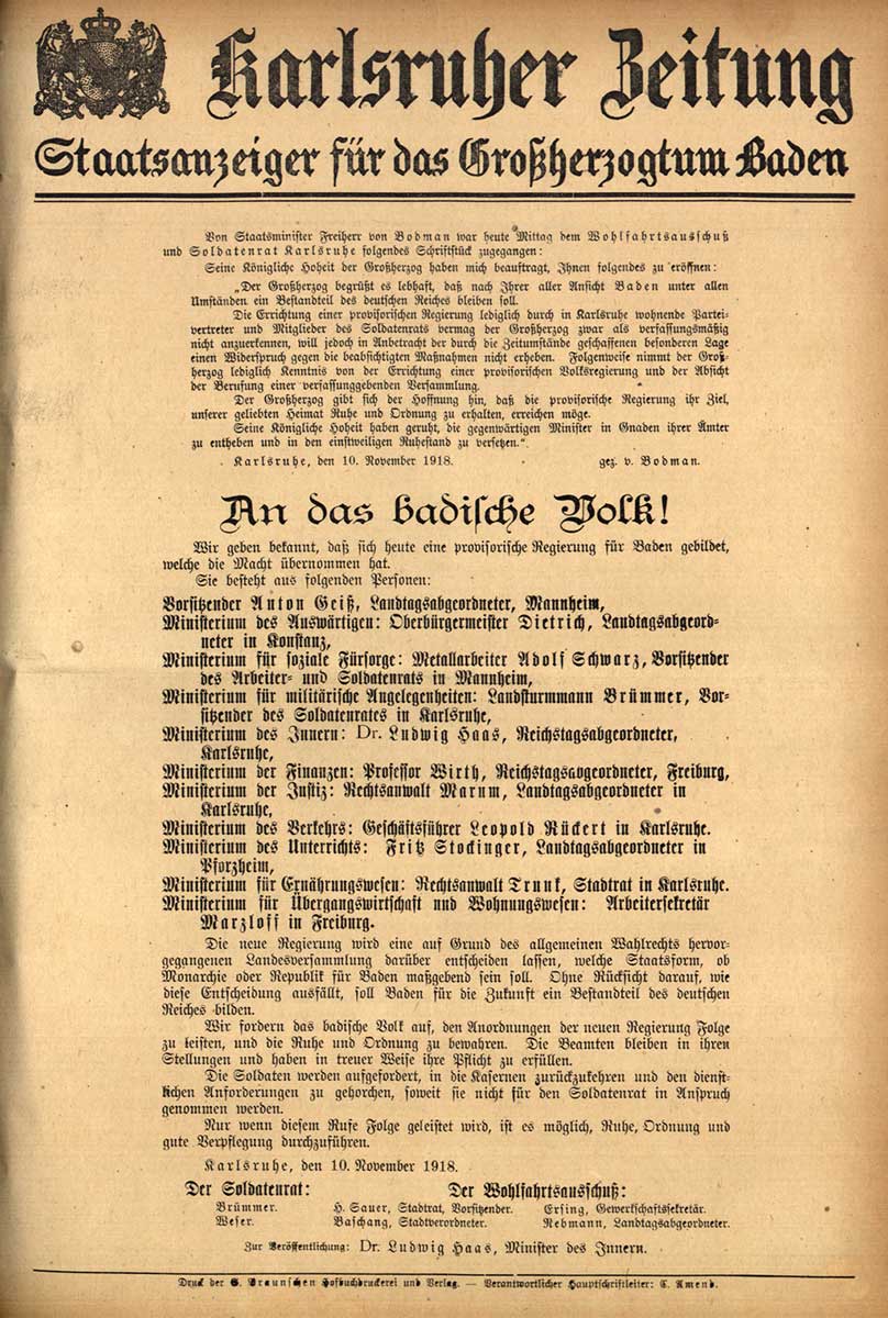 © Badische Landesbibliothek Karlsruhe Zu sehen ist die erste Seite der Karlsruher Zeitung vom 14. November 1918 mit der Proklamation des Thronverzichts durch den Großherzog von Baden.