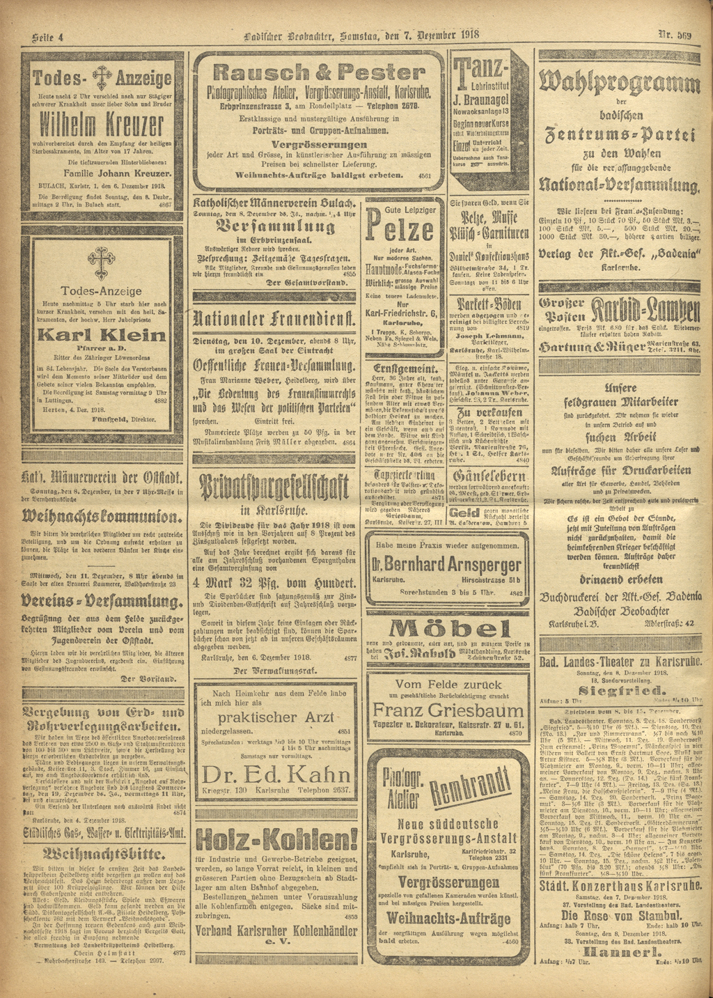 Zu sehen ist die Anzeigenseite aus dem Badischen Beobachter vom 7. Dezember 1918 mit der Annonce des Nationalen Frauendienstes zum Vortrag von Marianne Weber zum Frauenwahlrecht.