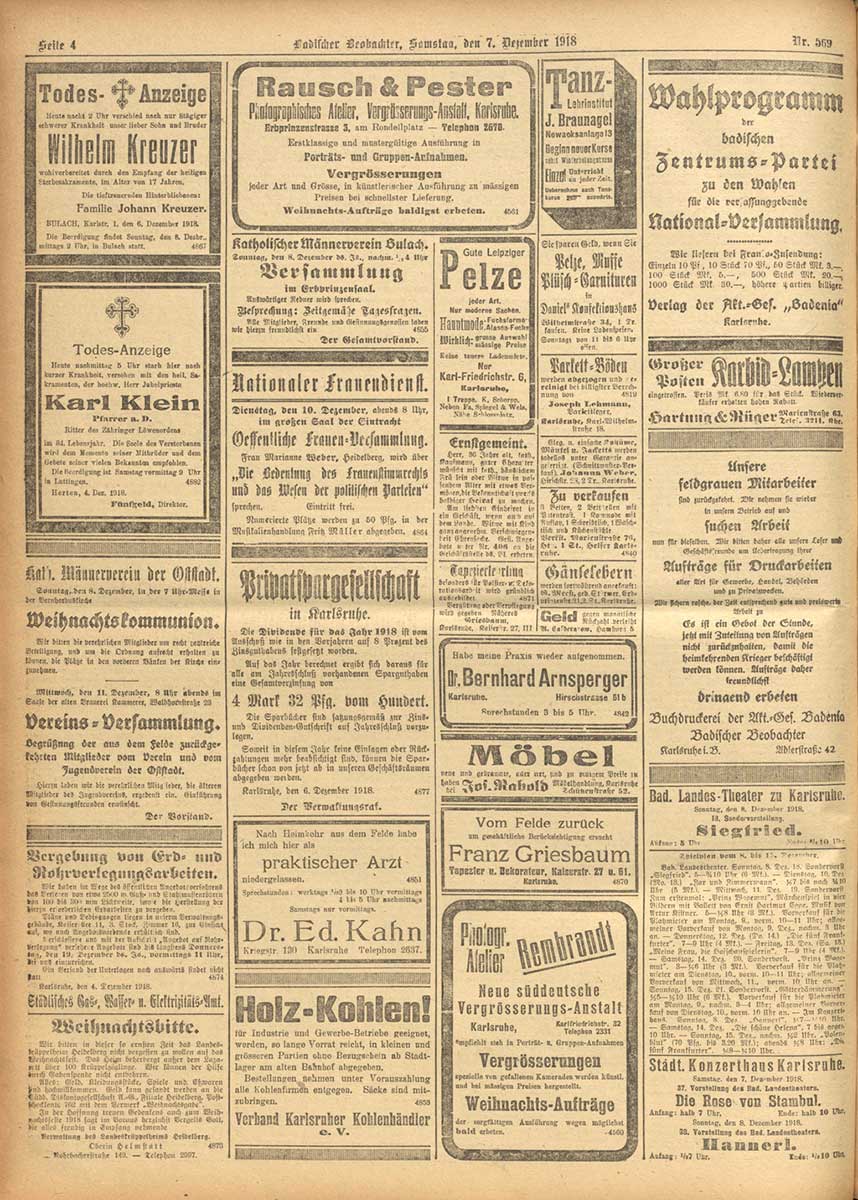 © Badische Landesbibliothek Karlsruhe Zu sehen ist die Anzeigenseite aus dem Badischen Beobachter vom 7. Dezember 1918 mit der Annonce des Nationalen Frauendienstes zum Vortrag von Marianne Weber zum Frauenwahlrecht.