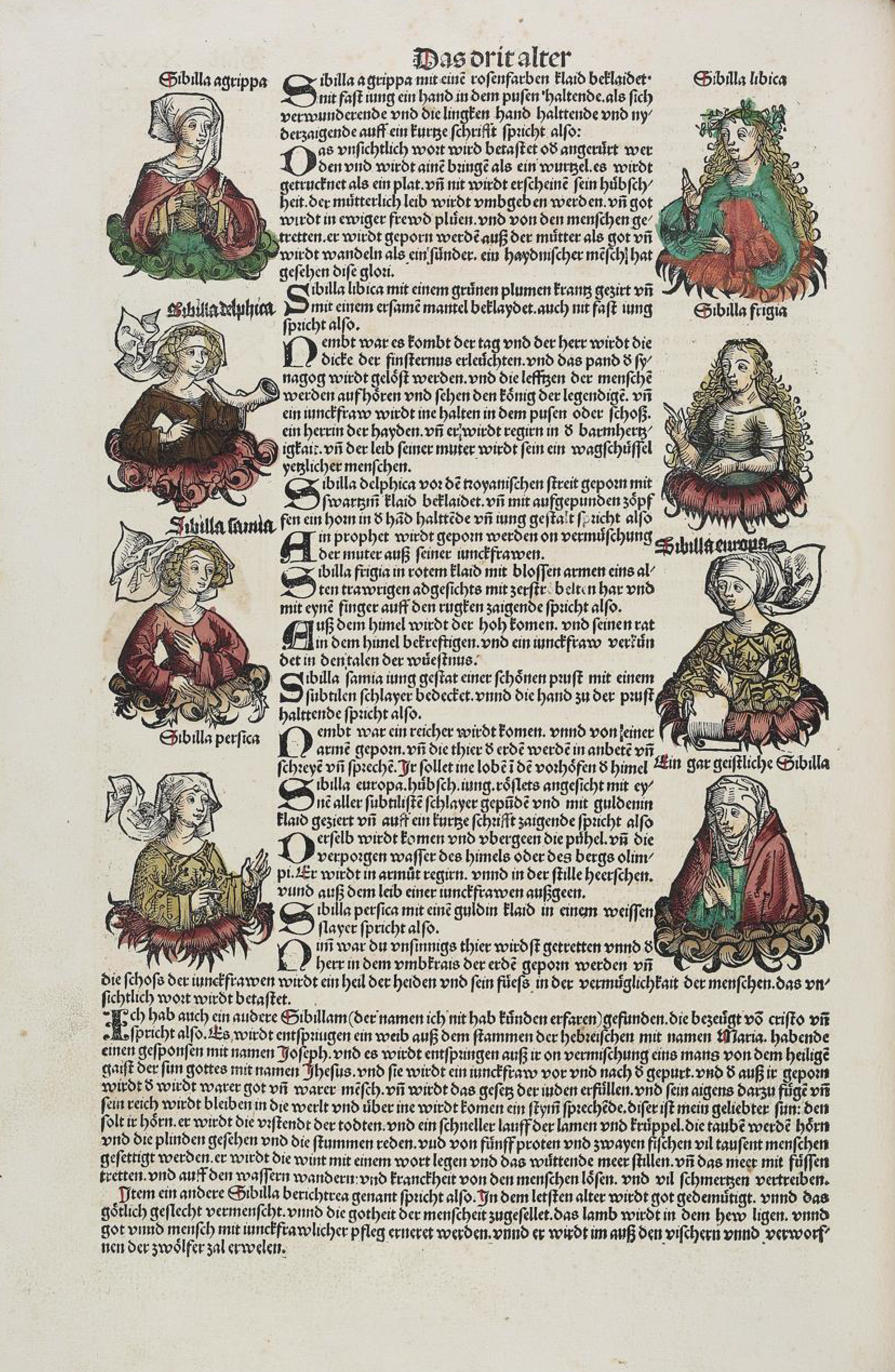 Seite aus dem Buch der Chroniken und Geschichten mit Abbildungen von Sibyllen und jeweiligen Zitaten.