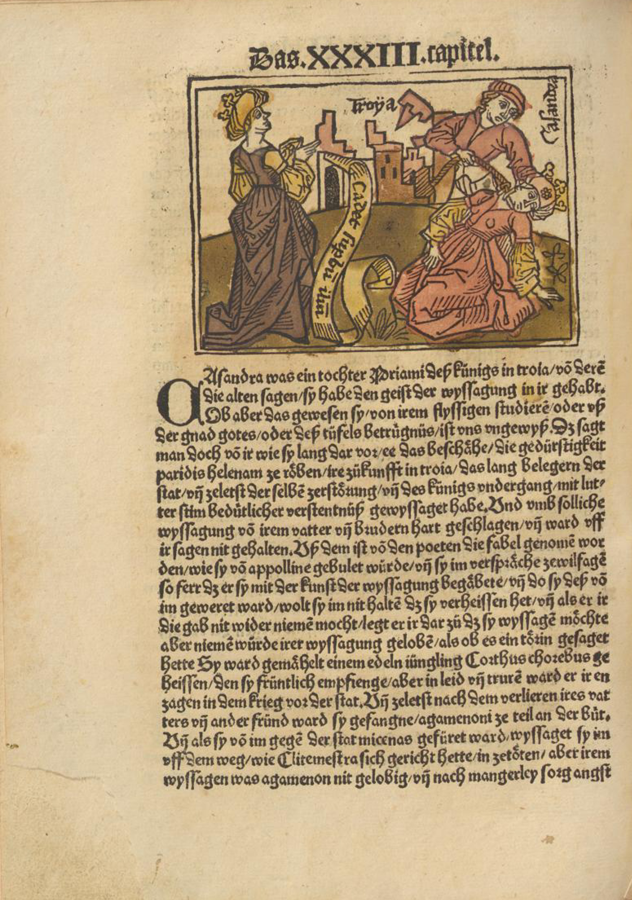 Buchseite mit Text und Illustration zur Seherin Kassandra.