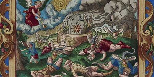 Detailreiche Illustrationen der Visionen des Johannes vom Weltuntergang.