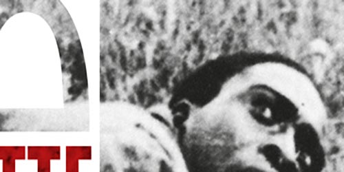 Ausschnitt aus einer Collage. Der Fokus liegt auf einem dunkelhäutigen Mann, welcher mit verängstigten Blick auf dem Boden liegt.