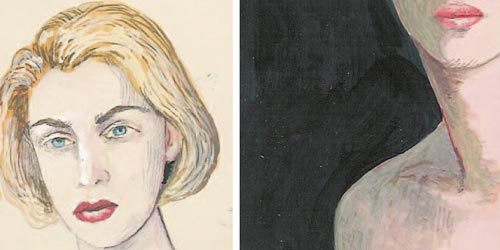 Zu sehen sind zwei Malereien. Die linke zeigt das Portrait einer Frau, die rechte deutet ein Portrait an, zeigt die Frau jedoch nur von der Schulter bis unter die Nase.