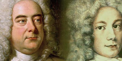 Zu sehen sind zwei Portraitmalereien von Händel. Das linke Portrait zeig ihn als älteren Herren, das rechte Portrait als jüngeren Buben.