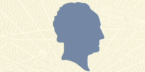 Zu sehen ist ein graues Seitenportrait des Kopfes von Goethe auf gelbem Hintergrund.