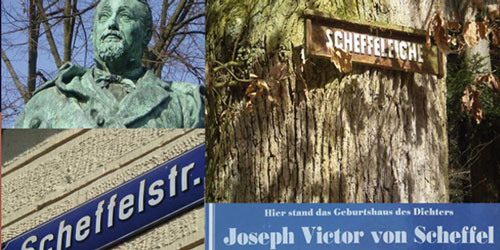 Zu sehen ist eine Fotocollage rund um Scheffel. Unter anderem Straßenschilder, eine Eiche mit einem Schild auf, welchem „Scheffeleiche“ steht, sowie eine Statue Scheffels.