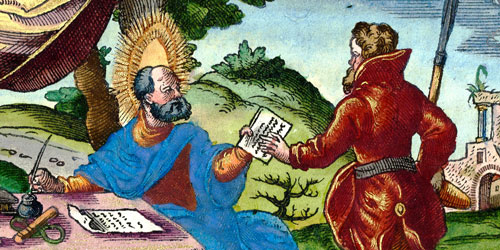 Mittelalterliche Illustration eines Heiligen, der einem Mann eine Schrift übergibt.