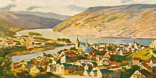 Zu erkennen ist eine Landschaftsmalerei, welche eine Stadt am Rhein darstellt.