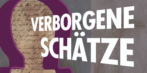 Zu sehen ist ein Ausschnitt des Ausstellungsplakates. Dargestellt ist ein Schlüsselloch, durch welches ein handschriftlicher Brief zu erkennen ist. Daneben steht der Titel der Ausstellung (Verborgene Schätze).