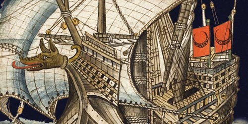 Farbige Illustration eines Schiffes. Bei der Gallionsfigur handelt es sich um einen Hundekopf.