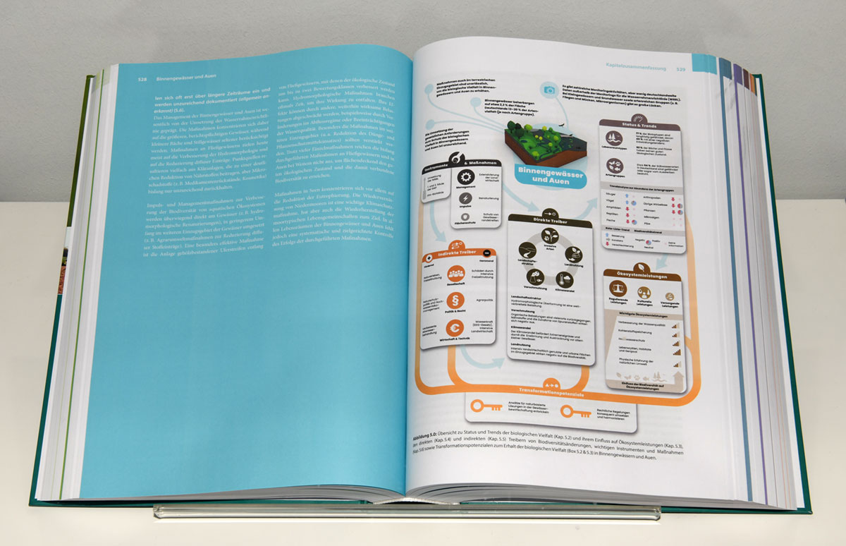 Auf dem Bild ist ein aufgeschlagenes Buch zu sehen; auf der linken Seite Text, auf der rechten Seite eine schematische Darstellung zum Thema Artenvielfalt in Gewässern.