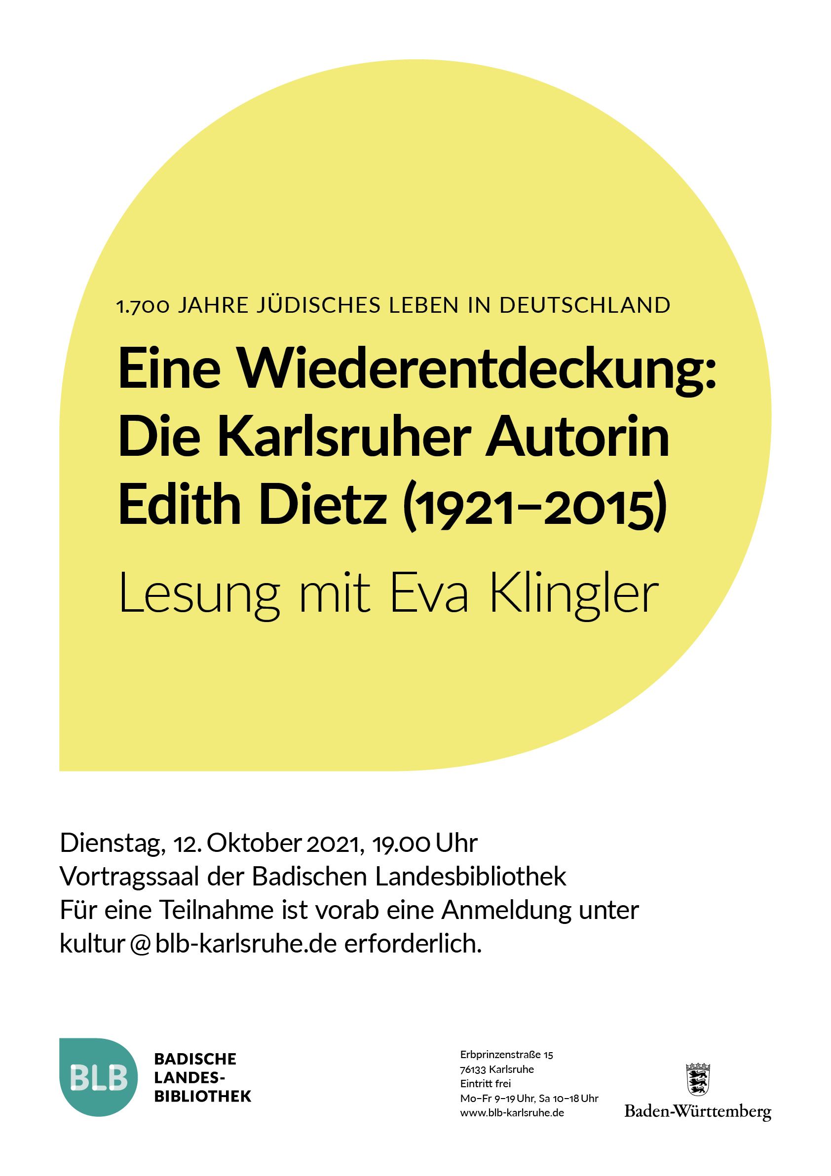 Das Plakat ist in Weiß gehalten mit einem farbigen Element, welches als Monogon bezeichnet wird. Es ist eine Mischung aus einem Kreis und einem Quadrat. Darin finden sich Angaben zu der Veranstaltung, wie der Titel und teilnehmende Personen. Unter dem Monogon finden sich in schwarzer Schrift auf dem weißen Grund des Plakates weitere Angaben zu der Veranstaltung. Um unteren Ende des Plakates sind noch verschiedene Logos abgebildet. Unter anderem jenes der BLB und das des Landes Baden-Württemberg.  