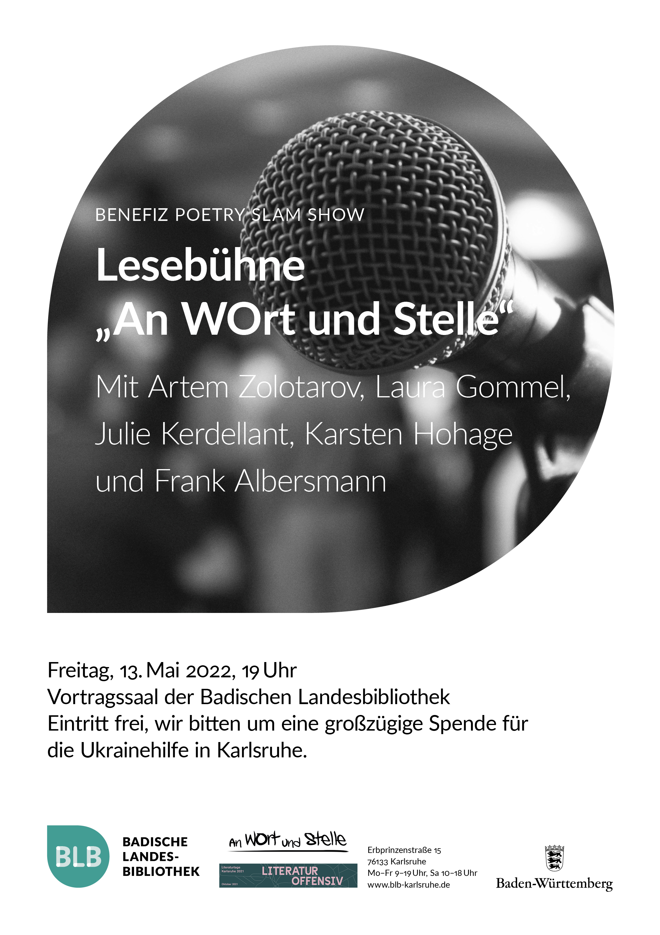 Das Plakat setzt sich aus einem Bild und zugehörigem Text zusammen. Zu sehen ist die Nahaufnahme  eines Mikrofons in einem Mikrofonständer. Das Bild ist in Schwarz-Weiß ausgeführt. Ergänzend stehen die Namen der Beteiligten Künstler und die Anmeldeformalitäten, wie auch das Datum auf dem Plakat.  