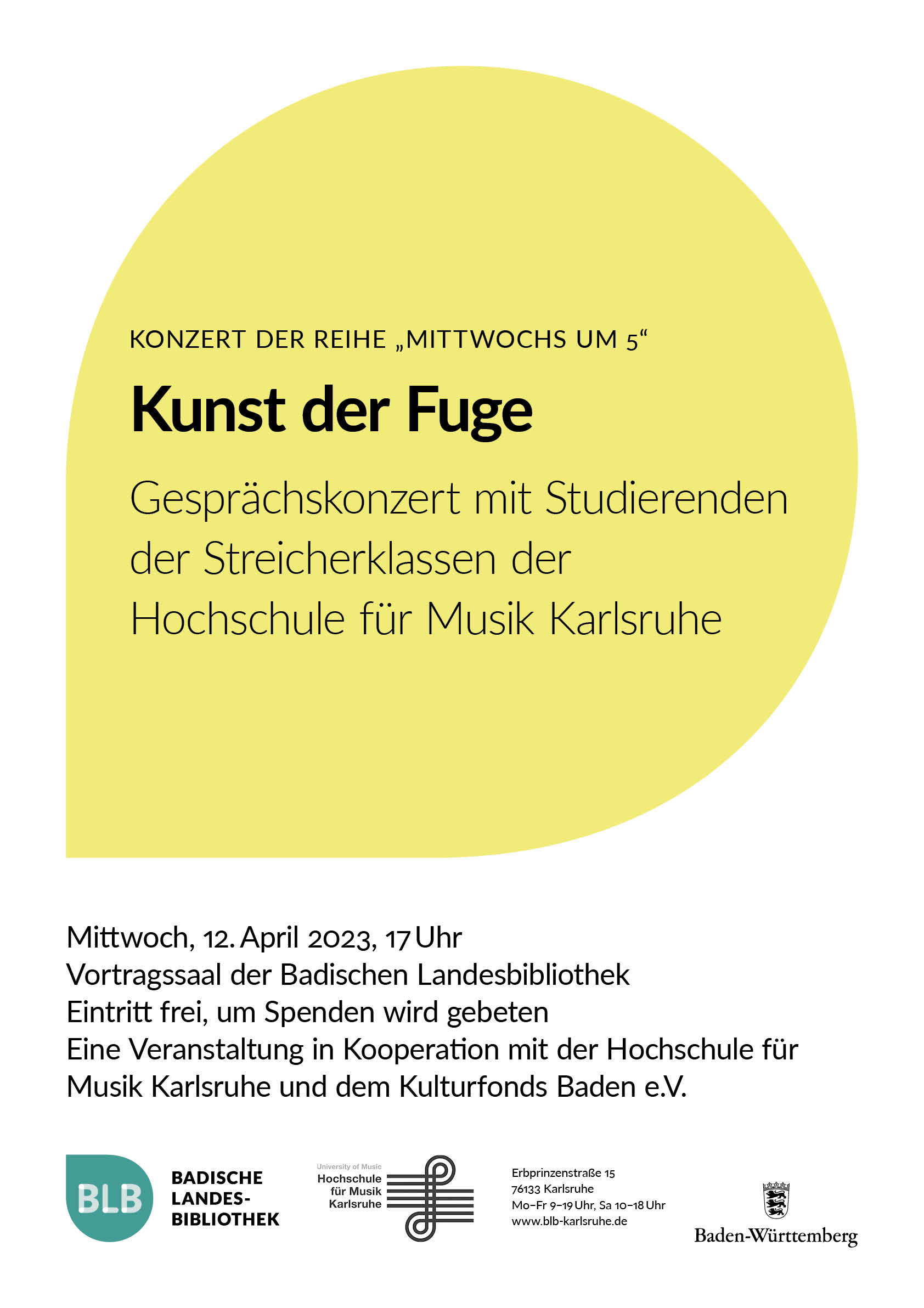 Veranstaltungsplakat für das Konzert „Mittwochs um 5" zur Kunst der Fuge