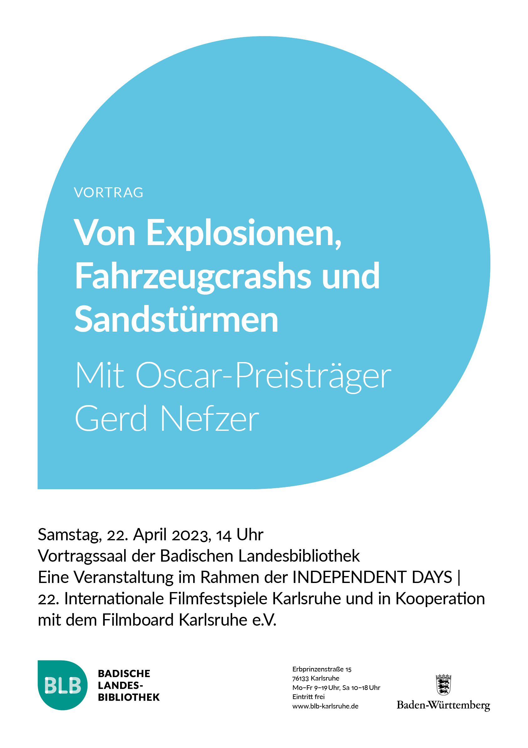 Veranstaltungsplakat für Vortrag mit Oscarpreisträger Gerd Nefzer