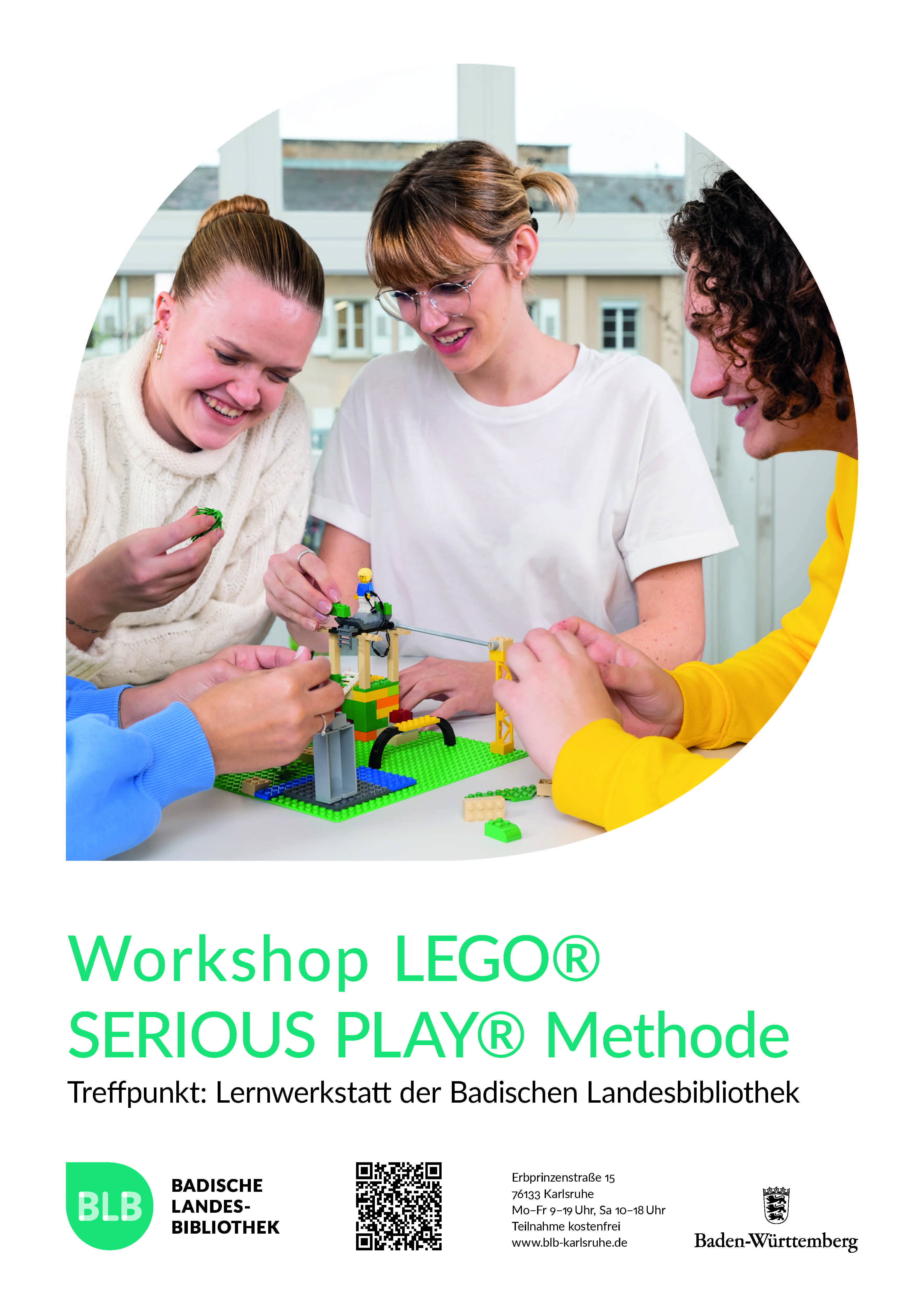 Zu sehen ist ein Monogon mit einem Foto von Lego-bauenden Personen. Darunter steht: Workshop Lego Serious Play Methode. Dieser findet in der Lernwerkstatt der Badischen Landesbibliothek Karlsruhe statt. 