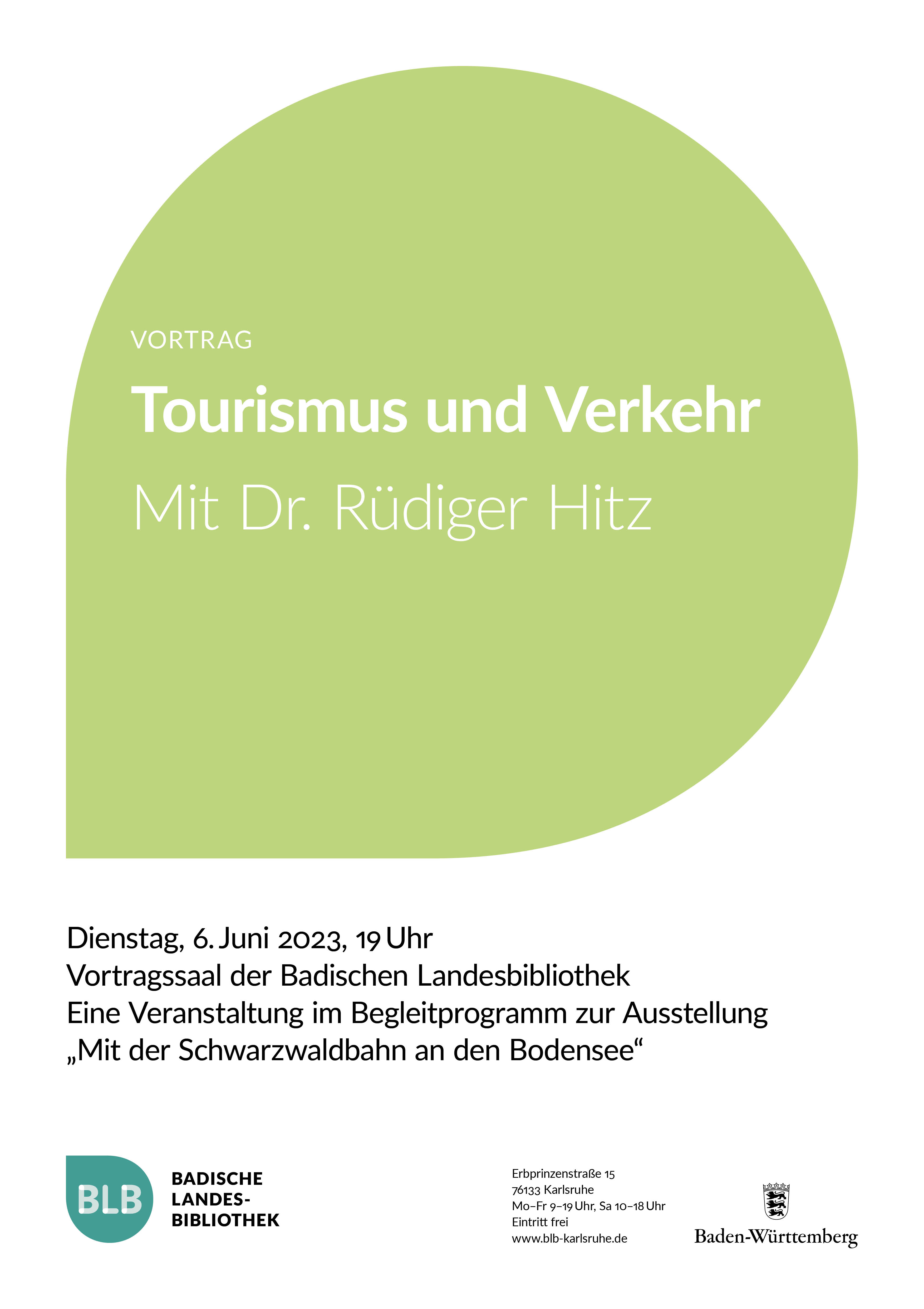 Zu sehen ist ein grünes Monogon mit der Aufschrift "Tourismus und Verkehr". Der Vortrag mit Dr. Rüdiger Hitz findet am Dienstag, dem 6. Juni 2023 um 19 Uhr statt. 