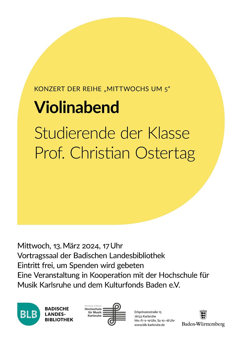 Zu sehen ist ein gelbes Monogon mit der Aufschrift: „Violinabend – Studierende der Klasse Prof. Christian Ostertag“