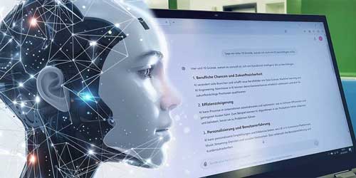 Die Grafik zeigt links einen KI-generierten Kopf eines halbhumanoiden Roboters, daneben ist ein Chat-Eingabefeld auf einem Monitor zu sehen.