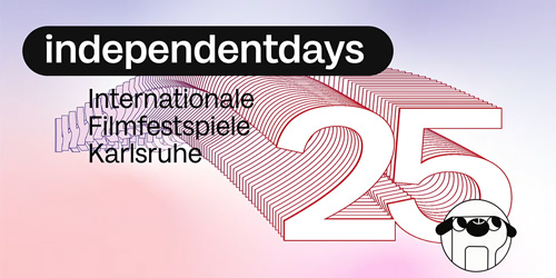 25. Independent Days. Auf rosa-violettem Hintergrund steht „Internationale Filmfestspiele Karlsruhe“ in schwarzer Schrift. Die Ziffer 25 ist groß abgebildet, davor ein kleiner Hund, das Maskottchen der Filmfestspiele.