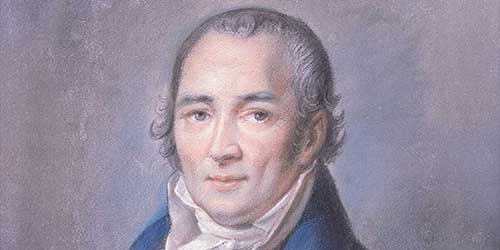 Ausschnitt aus einem Porträt von Johann Peter Hebel mit zurückgekämmtem Haar, weißem Halstuch und blauem Mantel vor grauem Hintergrund.